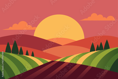 Stylized sunset over rolling hills and farmland with trees