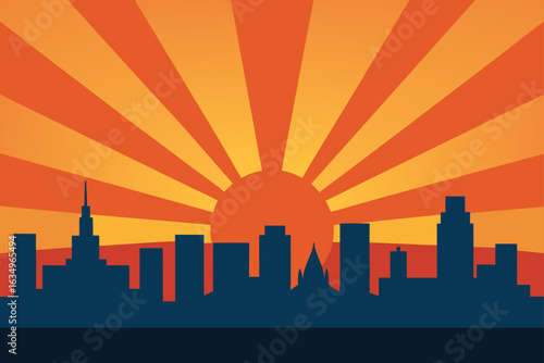 Cityscape silhouette against a vibrant sunrise with sunburst background