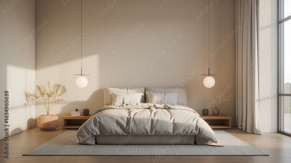 Fototapeta premium Beige bedroom with a large bed and pendant lights. 