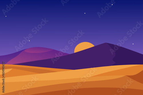 Vibrant desert landscape at dusk with a large orange sun setting behind purple dunes and a starry night sky