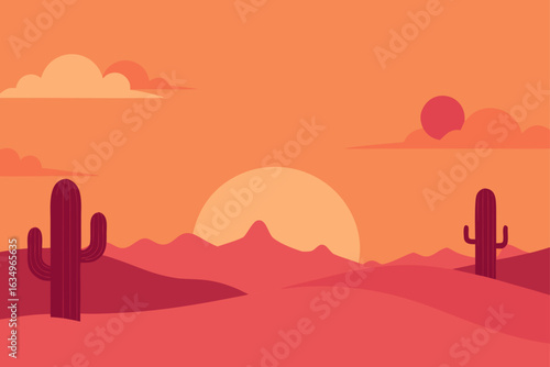 Flat design desert landscape with cacti and sunset