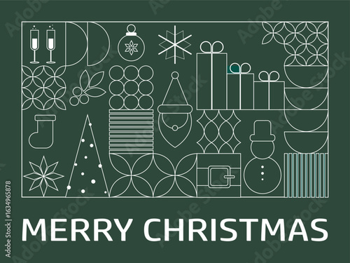 Christmas Greeting Card in Clean Line Art Style. Modern minimalist Christmas illustration with geometric line art icons of Santa, snowman, tree, gifts, snowflake, champagne glasses, ornaments