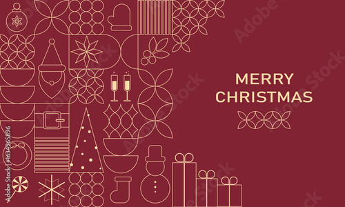 Elegant minimalist Christmas illustration featuring geometric icons like Santa, snowman, gifts, and festive symbols on a burgundy background with "Merry Christmas" greeting.