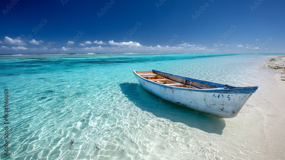 Naklejka premium Boat rests on tropical beach. Azure water sparkles in sun. Use for travel, summer, or vacation themes.