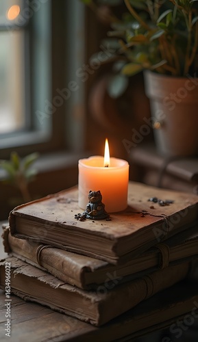 Wallpaper Mural Burning candle on stack of old books in warm cozy room Torontodigital.ca