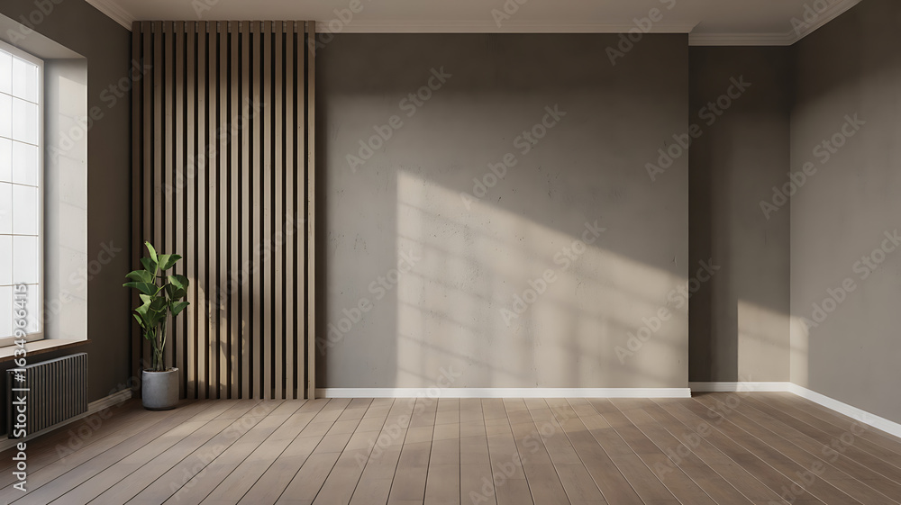 Obraz premium Empty room with wooden floors, neutral walls, and natural light. 