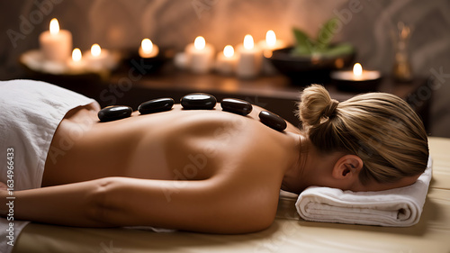 Woman receiving hot stone back massage.
