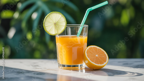 Refreshing orange juice with lime, ready to drink.
