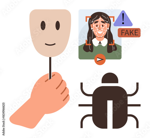 Hand holding smiling mask, AI facial recognition scanning alerting fake , and a bug icon. Ideal for cybercrime, AI ethics, identity, security, technology misinformation privacy. Simple flat