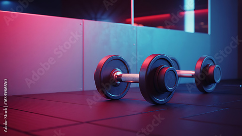 Pair of dumbbells resting on a tiled floor, bathed in vibrant pink and blue light.
