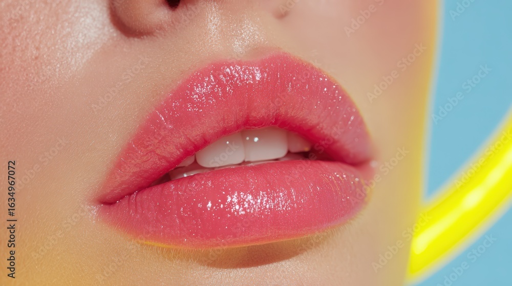 Obraz premium Macro view of light lips coated in translucent lip balm against vibrant background