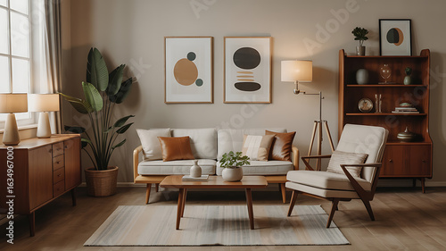 Modern living room with mid-century furniture and art.

