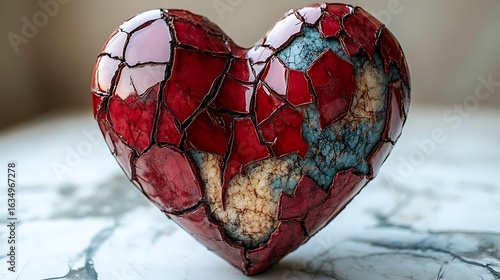 A cracked heart ornament, showing intricate patterns.