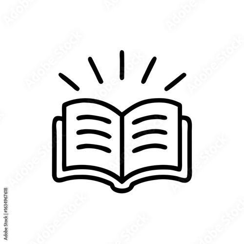 Open book with glowing pages and radiating lines in minimalist style, transparent background, vector, icon    
