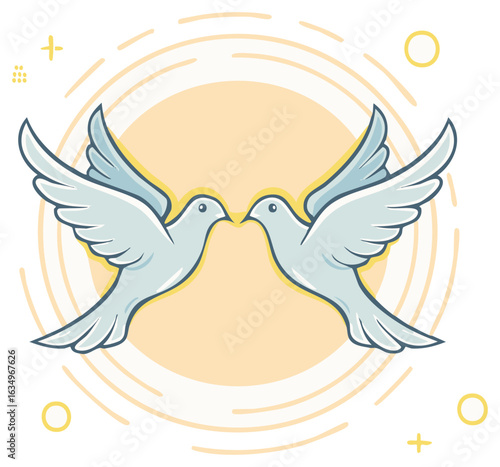 A pair of loving doves flying face to face in a cute cartoon style illustration