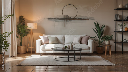 Modern living room with white sofa, coffee table, and plants.
