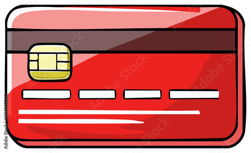 Red Credit Card Illustration with Magnetic Stripe and Chip for Financial Transactions and Secure Payment
