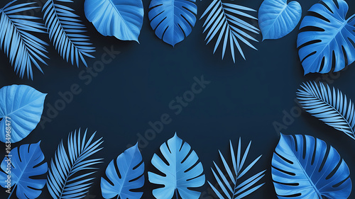 Blue tropical leaves frame a dark background.

