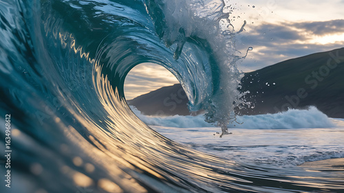 Powerful wave, turquoise and white, curves into a heart shape.
