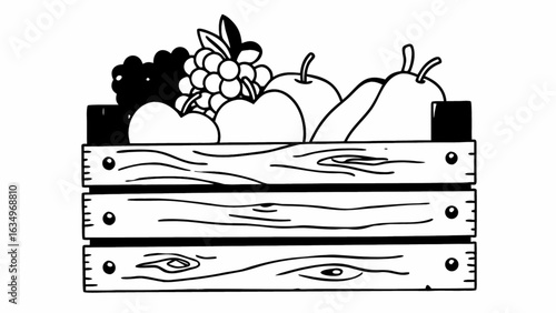 Wooden crate filled with fresh fruits, including apples, pears
