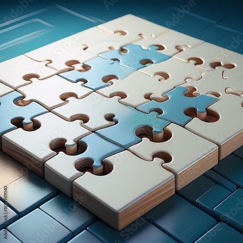 A clean and minimalist 3D rendering of a jigsaw puzzle mockup on a large board
