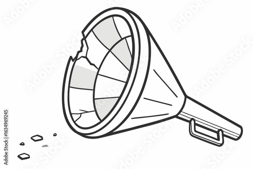 Broken funnel with cracked surface and pieces on white background  