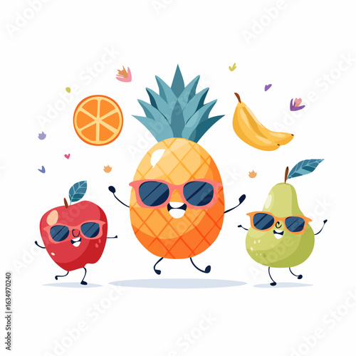 Funny fruits wearing sunglasses dancing happily together