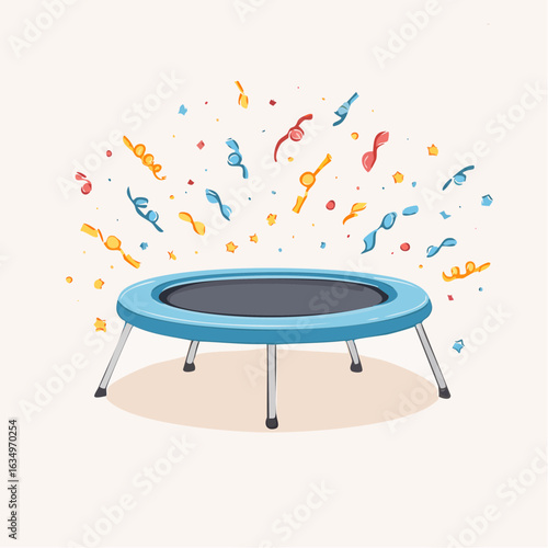 Blue trampoline with colorful confetti explosion