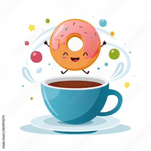 Happy donut jumping over coffee cup in cartoon style
