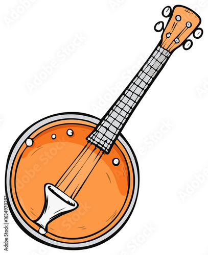 Hand drawn style cartoon banjo with vibrant orange body and grey neck musical instrument