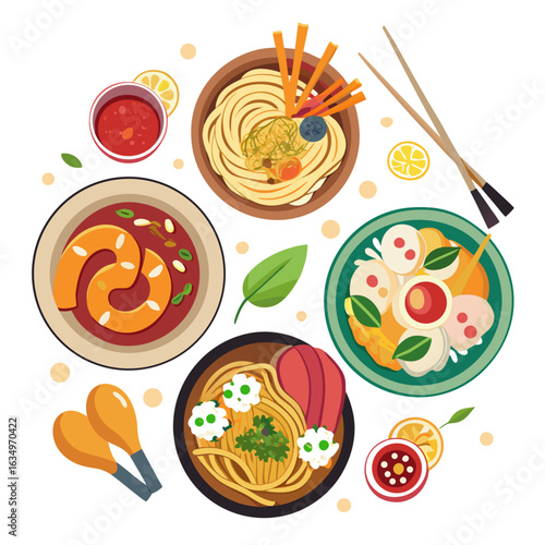 Assorted Noodle Dishes in Bowls Vector Flat Style