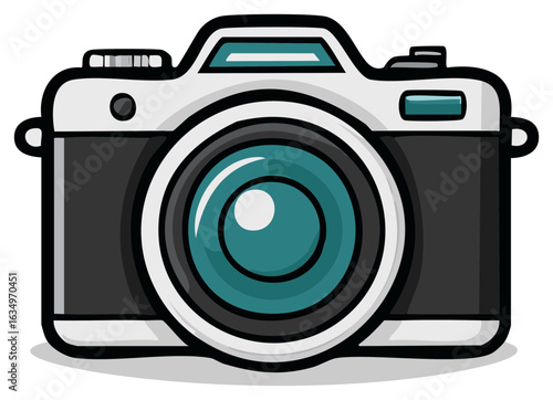 Classic camera illustration featuring a turquoise lens, embodying photography and digital imaging technologies