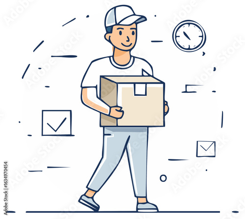Courier carrying delivery package with clock, check mark, and mail doodle symbols around