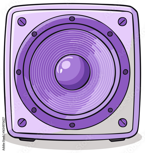 Cartoon illustration of a purple audio speaker box or subwoofer