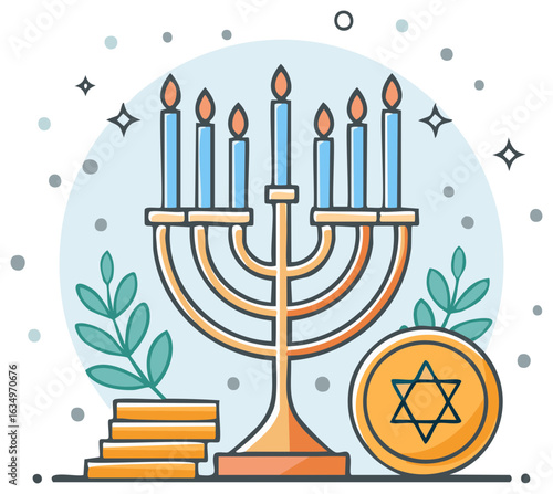 Illustrated Hanukkah Menorah with Lit Candles Golden Gelt Coins and Star of David Symbol