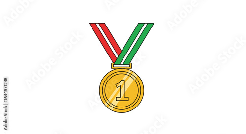 A shiny gold medal with a red and green ribbon displaying the number one symbol