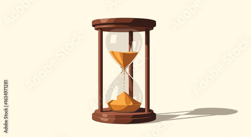 A vintage wooden hourglass with golden sand cascading through the narrow neck illustrating the passage of time
