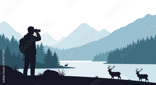 Man with backpack and binoculars observing deer in a serene mountain landscape with a calm lake and pine forest