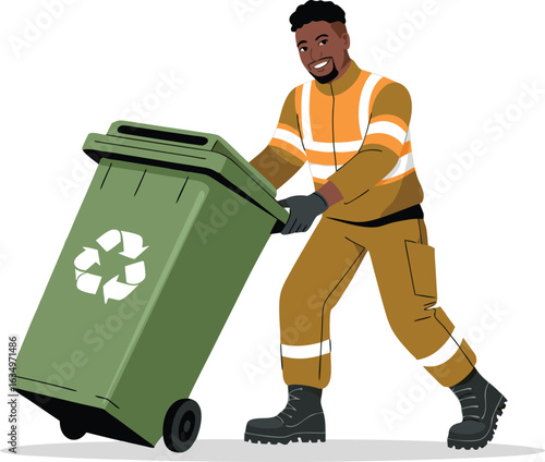Flat style vector illustration of a garbageman pushing a large recycling bin