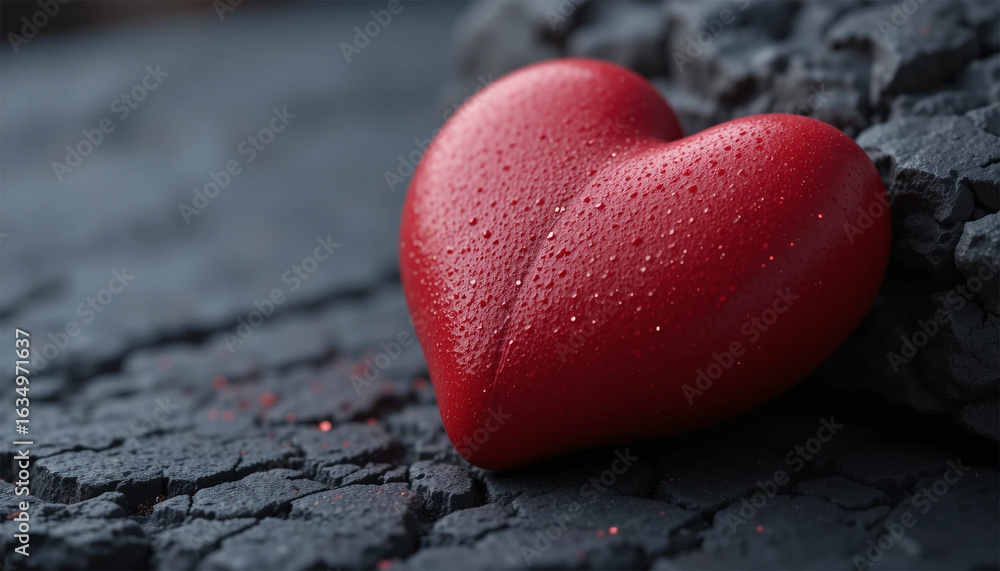 Fototapeta premium Red Heart with Drops on a Cracked Dark Surface