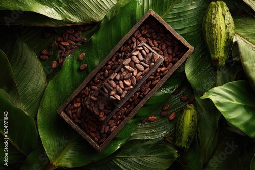 Dark brown cocoa beans and a chocolate bar rest in a dark wooden box nestled amongst vibrant green cocoa leaves and pods