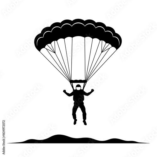 Silhouette of person with parachute descending over land in a graphic illustration style image