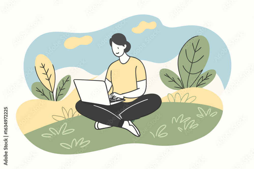 Fototapeta premium Person in yellow shirt using laptop outdoors computer 1