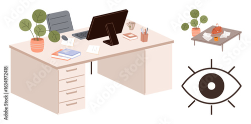 Office desk setup with monitor, laptop, notebooks, potted plants, and stationery emphasizing workspace organization and focus. Ideal for productivity, work-life balance, creativity, home office