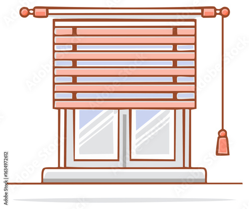 Window with peach blinds and rope, interior illustration, bright window covering