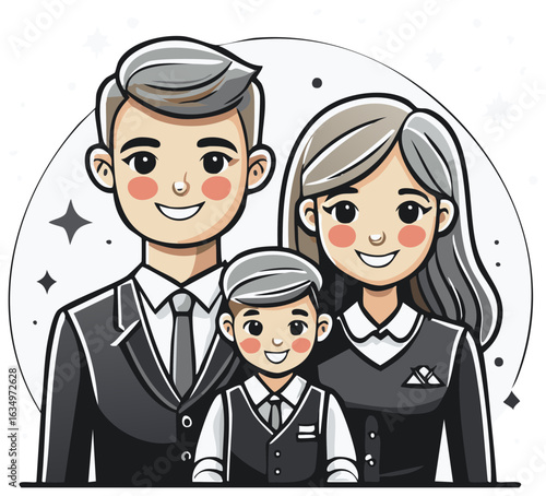 Happy smiling family cartoon illustration father mother child in smart attire