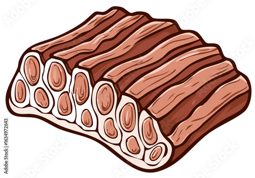 Cartoon style illustration of raw meat block with internal bone marrow structure