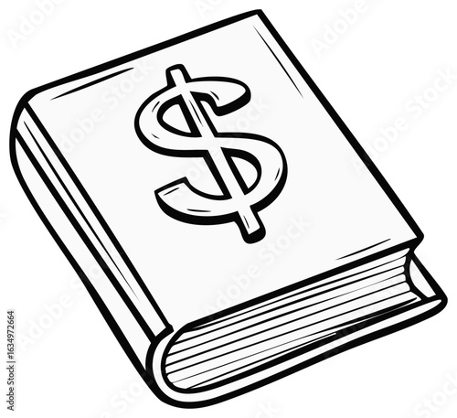 Line art illustration of a finance book with a dollar sign for money management and accounting