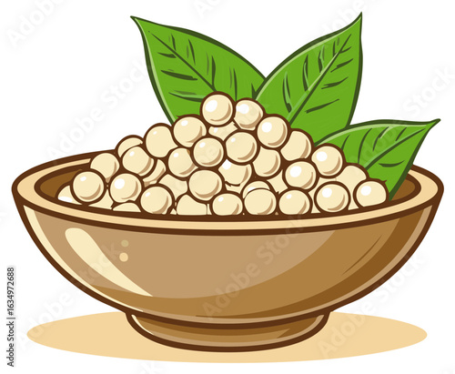 Cartoon Illustration of Healthy Soybeans in a Brown Bowl with Green Leaves