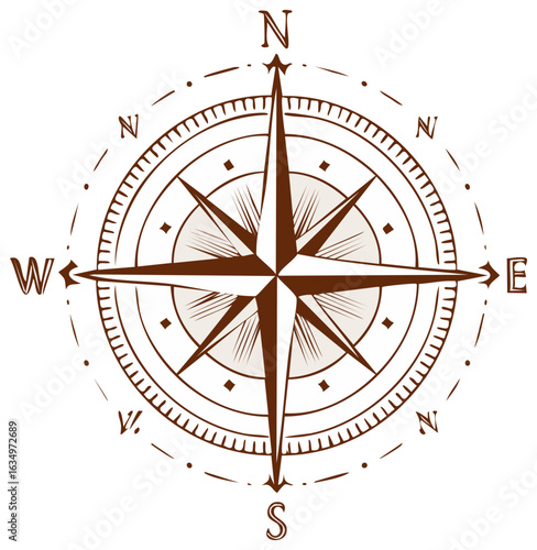 Stylized Compass Rose Illustration Showing Cardinal Directions and Decorative Elements
